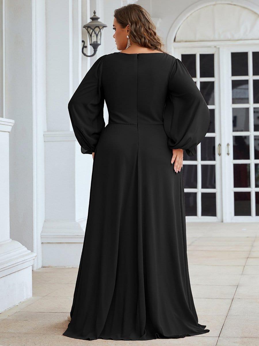 Plus size chiffon evening dress with long lantern sleeves for women