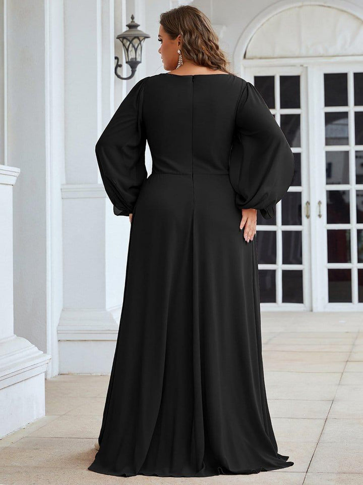 Plus size chiffon evening dress with long lantern sleeves for women