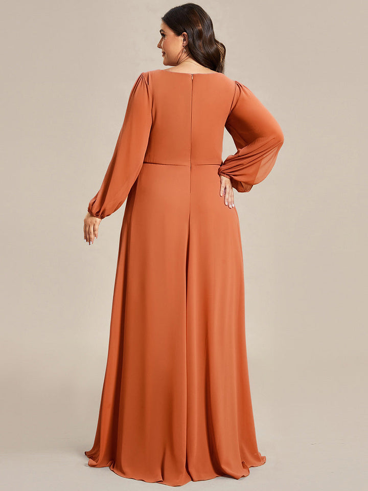 Plus size chiffon evening dress with long lantern sleeves for women