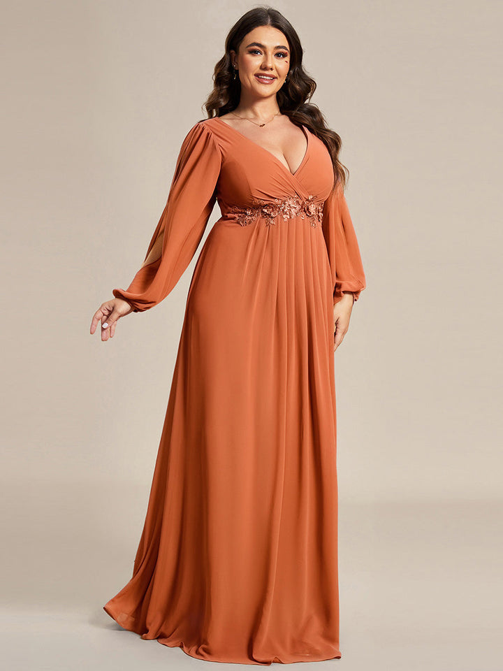 Plus size chiffon evening dress with long lantern sleeves for women