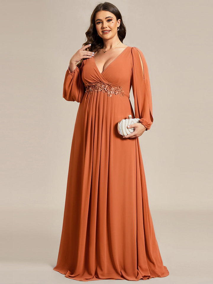 Plus size chiffon evening dress with long lantern sleeves for women