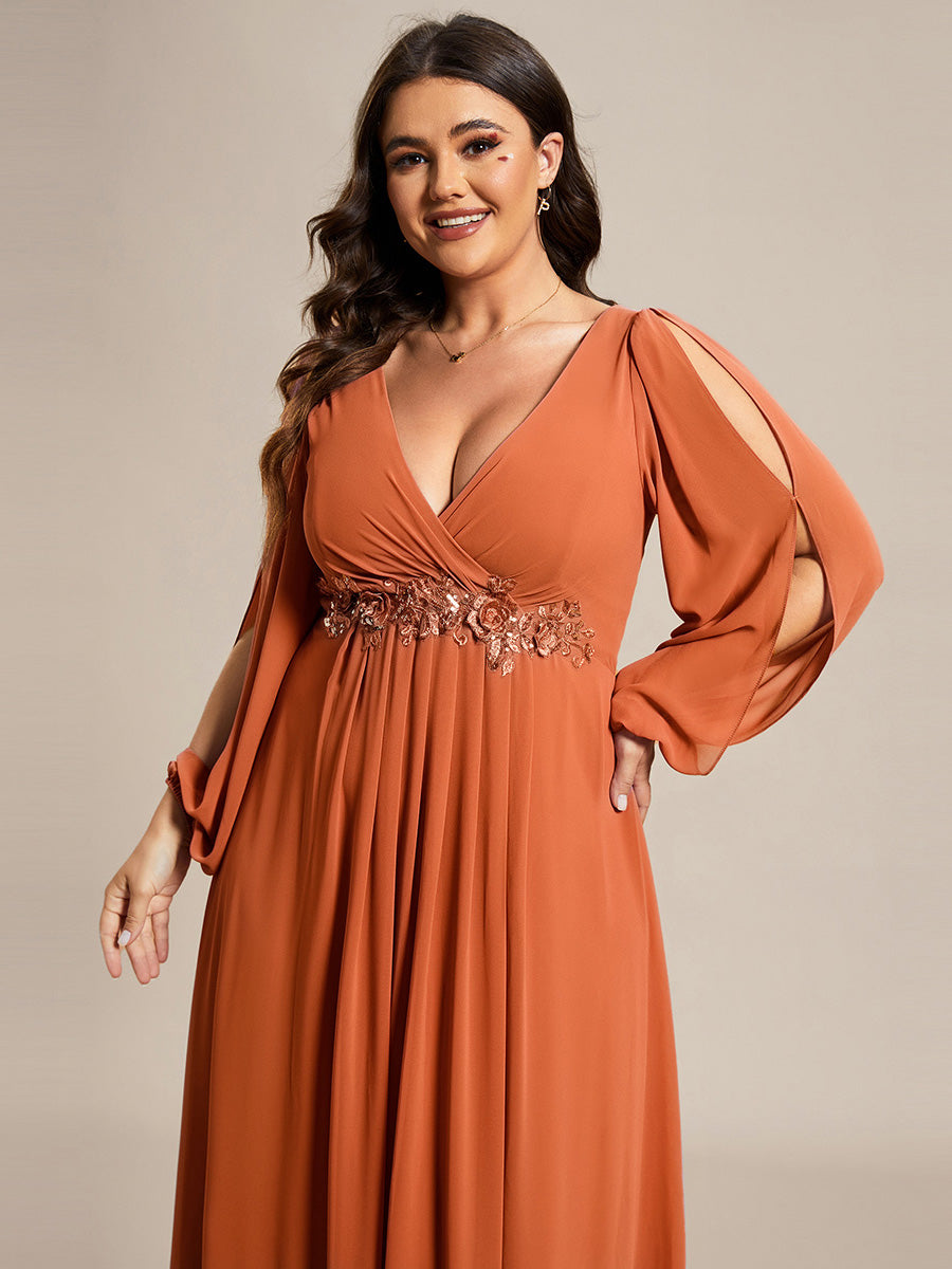 Plus size chiffon evening dress with long lantern sleeves for women