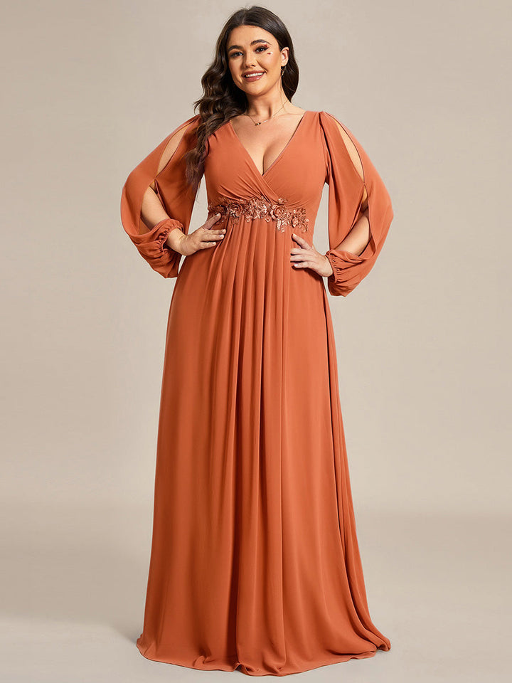Plus size chiffon evening dress with long lantern sleeves for women