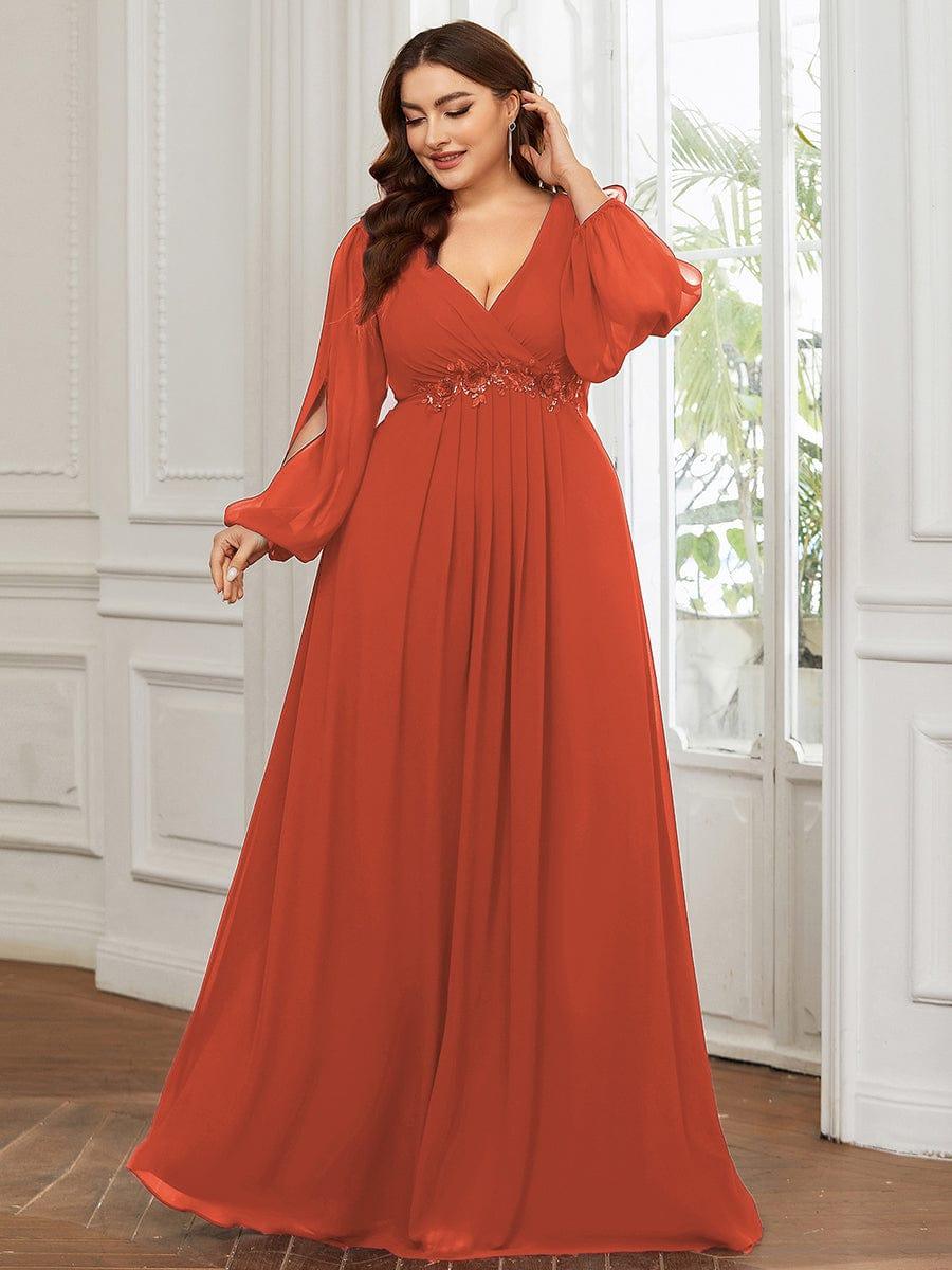 Plus size chiffon evening dress with long lantern sleeves for women