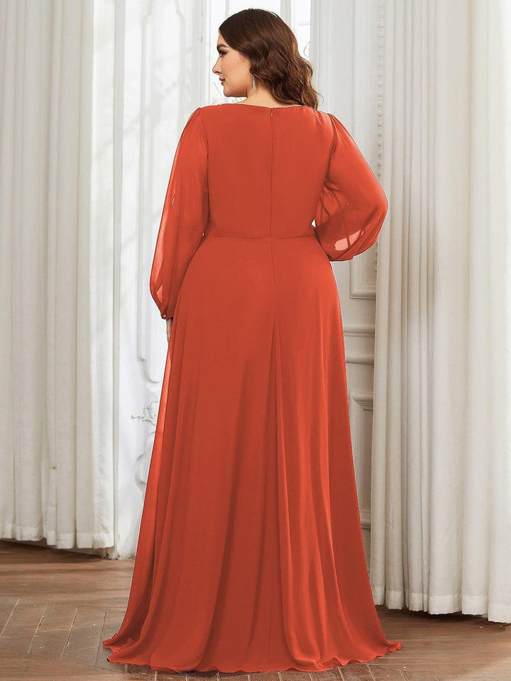 Plus size chiffon evening dress with long lantern sleeves for women