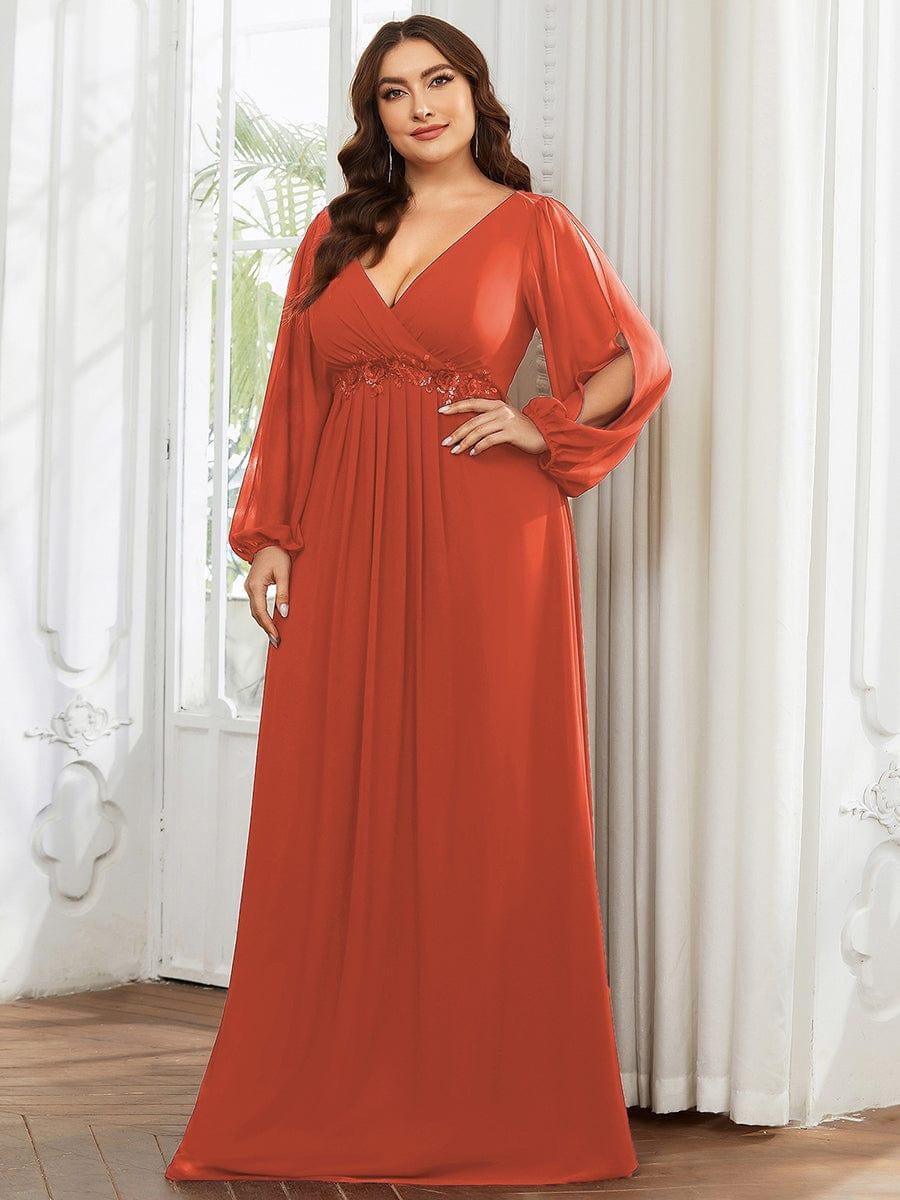 Plus size chiffon evening dress with long lantern sleeves for women