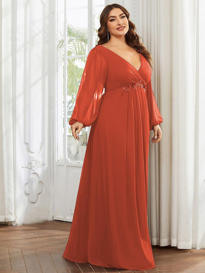Plus size chiffon evening dress with long lantern sleeves for women