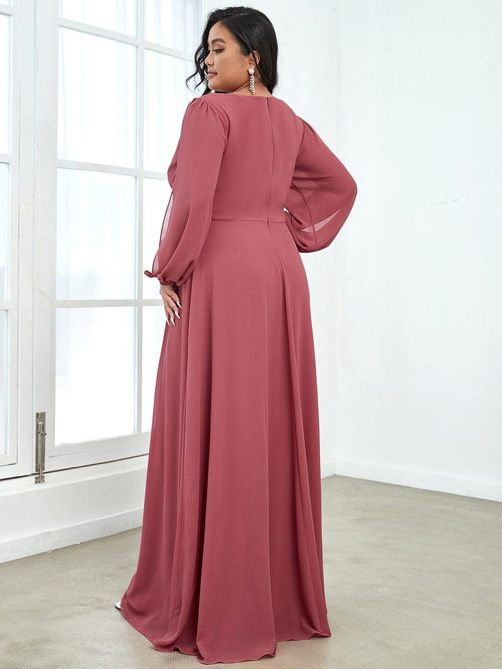 Plus size chiffon evening dress with long lantern sleeves for women