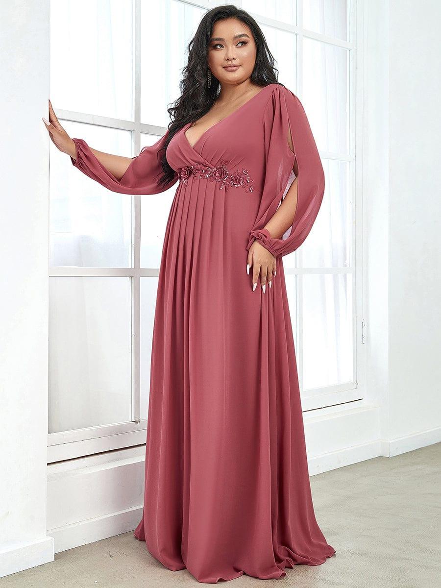 Plus size chiffon evening dress with long lantern sleeves for women