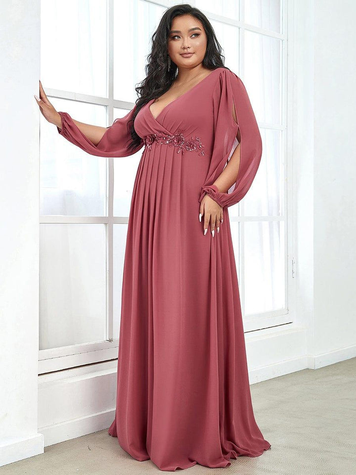 Plus size chiffon evening dress with long lantern sleeves for women