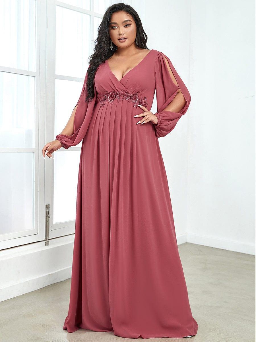 Plus size chiffon evening dress with long lantern sleeves for women