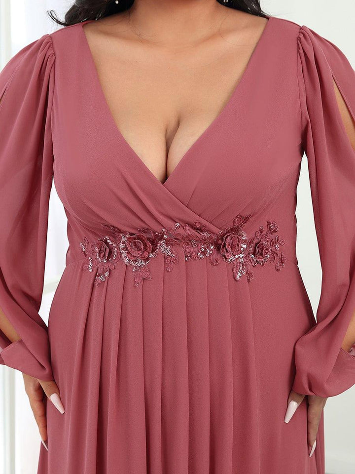 Plus size chiffon evening dress with long lantern sleeves for women