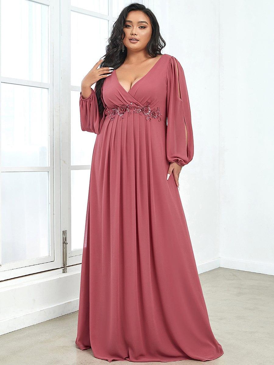 Plus size chiffon evening dress with long lantern sleeves for women