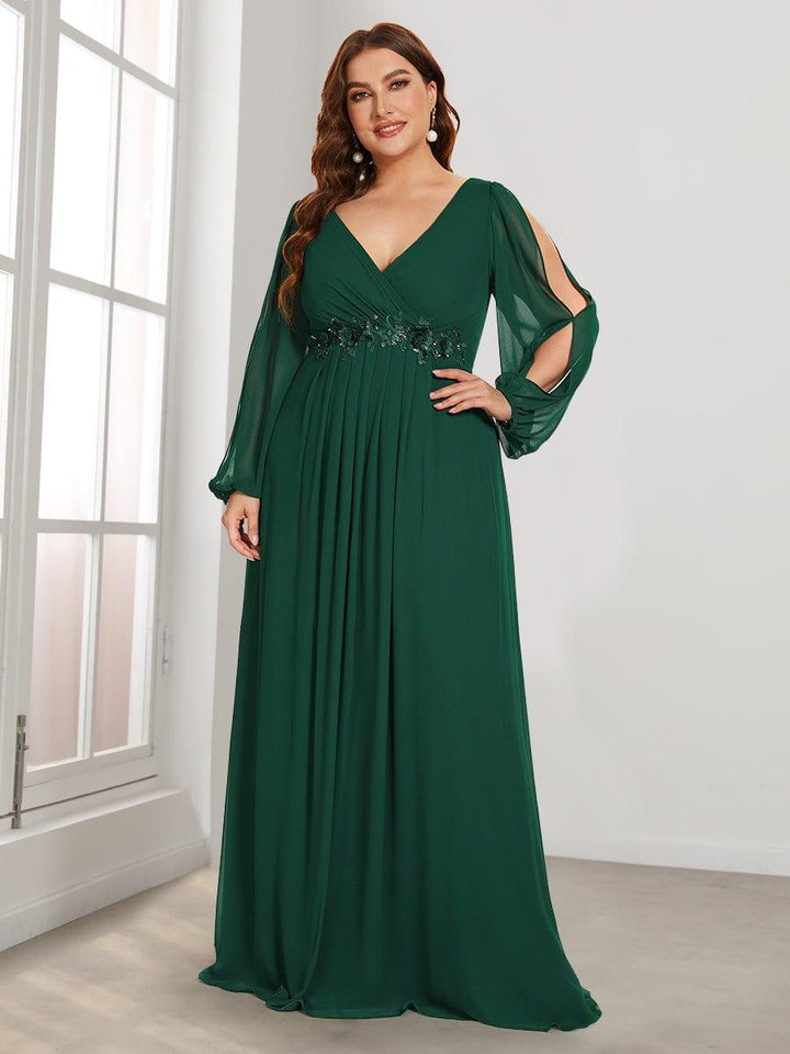 Plus size chiffon evening dress with long lantern sleeves for women