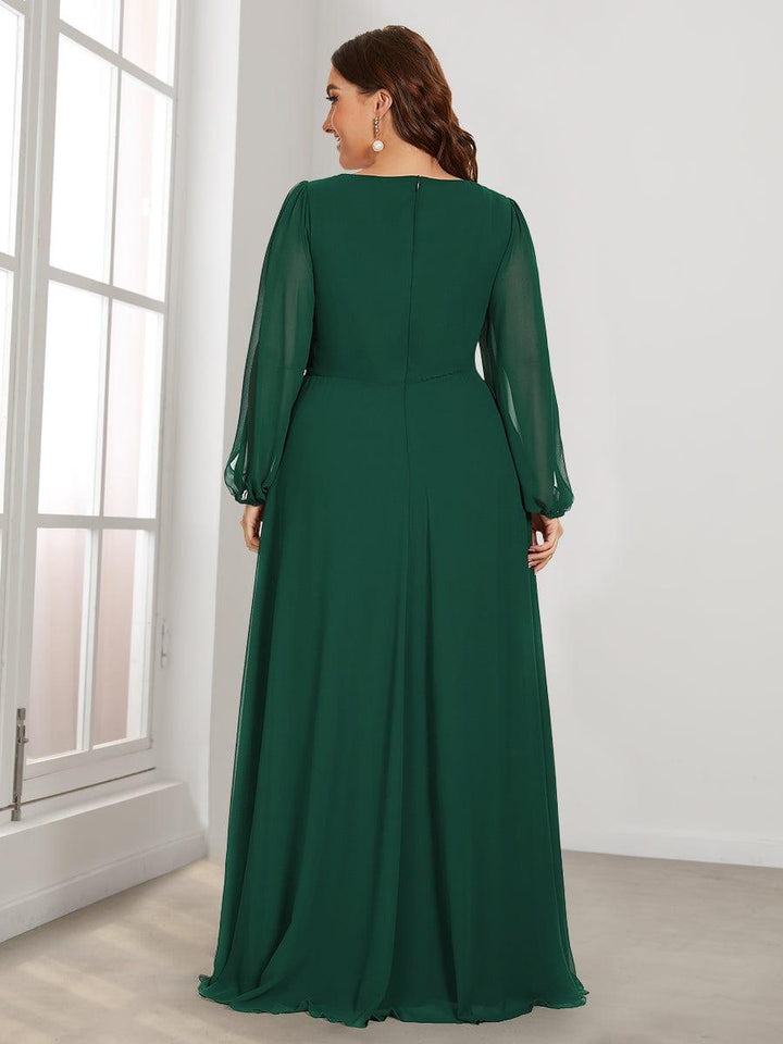 Plus size chiffon evening dress with long lantern sleeves for women