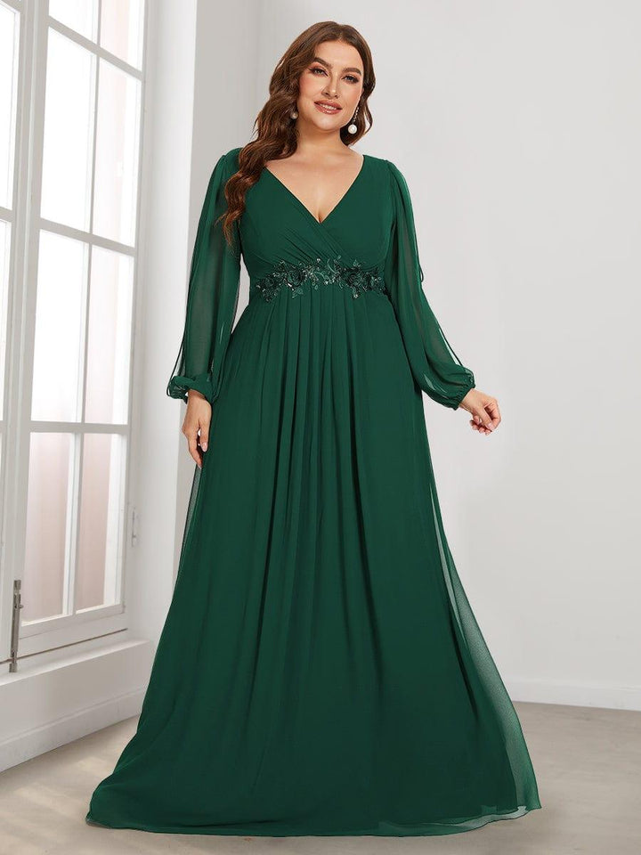 Plus size chiffon evening dress with long lantern sleeves for women