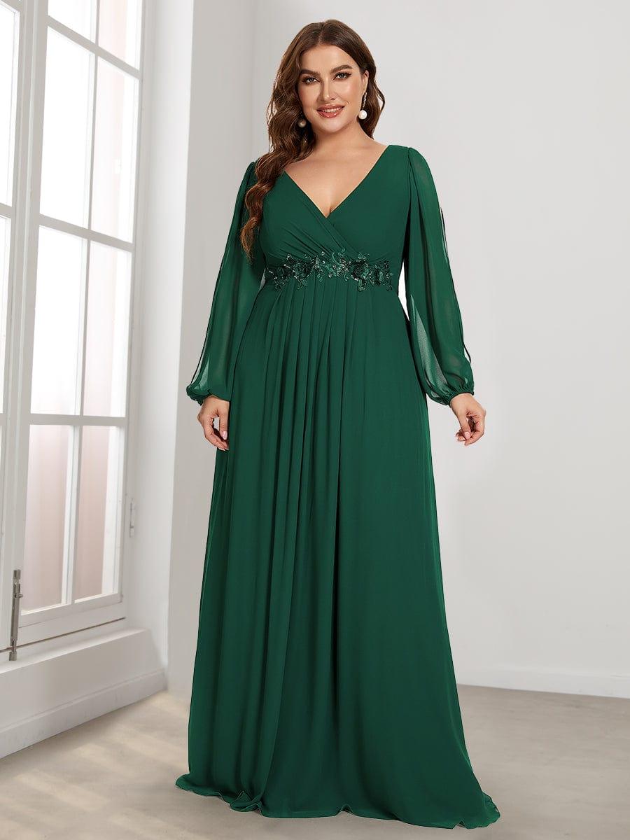 Plus size chiffon evening dress with long lantern sleeves for women