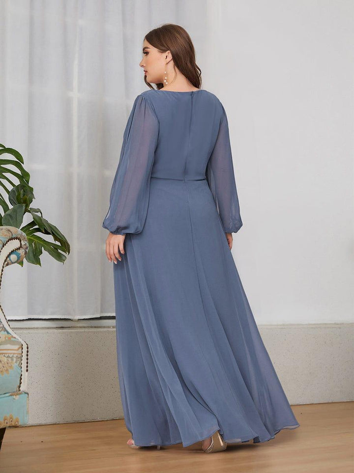 Plus size chiffon evening dress with long lantern sleeves for women