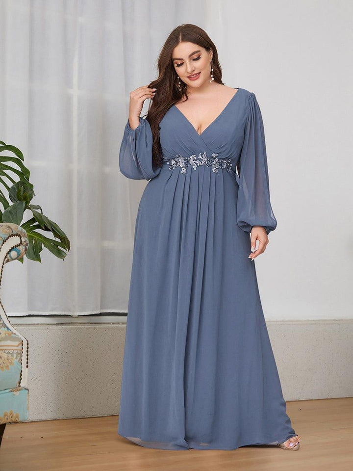 Plus size chiffon evening dress with long lantern sleeves for women