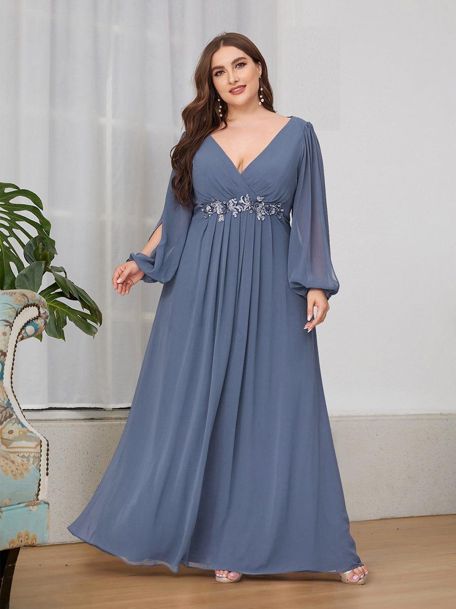 Plus size chiffon evening dress with long lantern sleeves for women