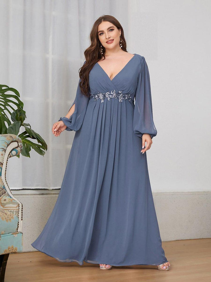 Plus size chiffon evening dress with long lantern sleeves for women
