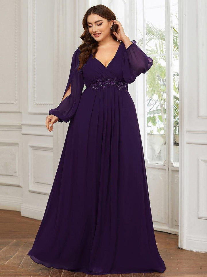 Plus size chiffon evening dress with long lantern sleeves for women