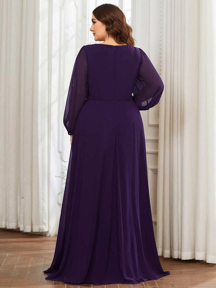 Plus size chiffon evening dress with long lantern sleeves for women
