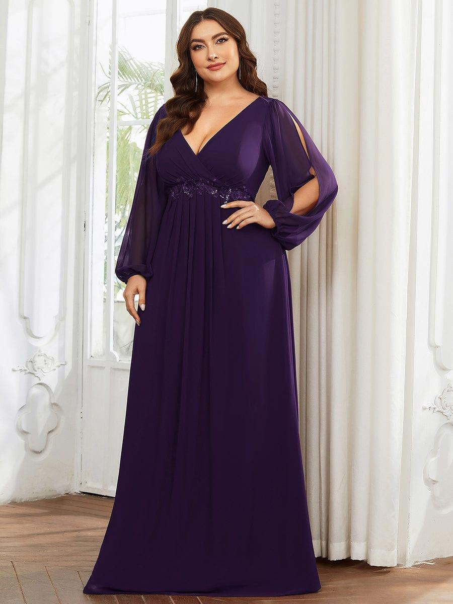 Plus size chiffon evening dress with long lantern sleeves for women