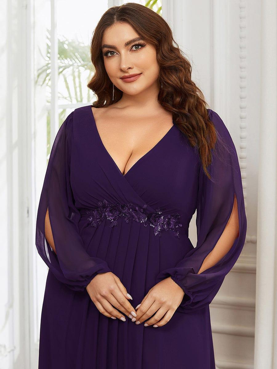 Plus size chiffon evening dress with long lantern sleeves for women