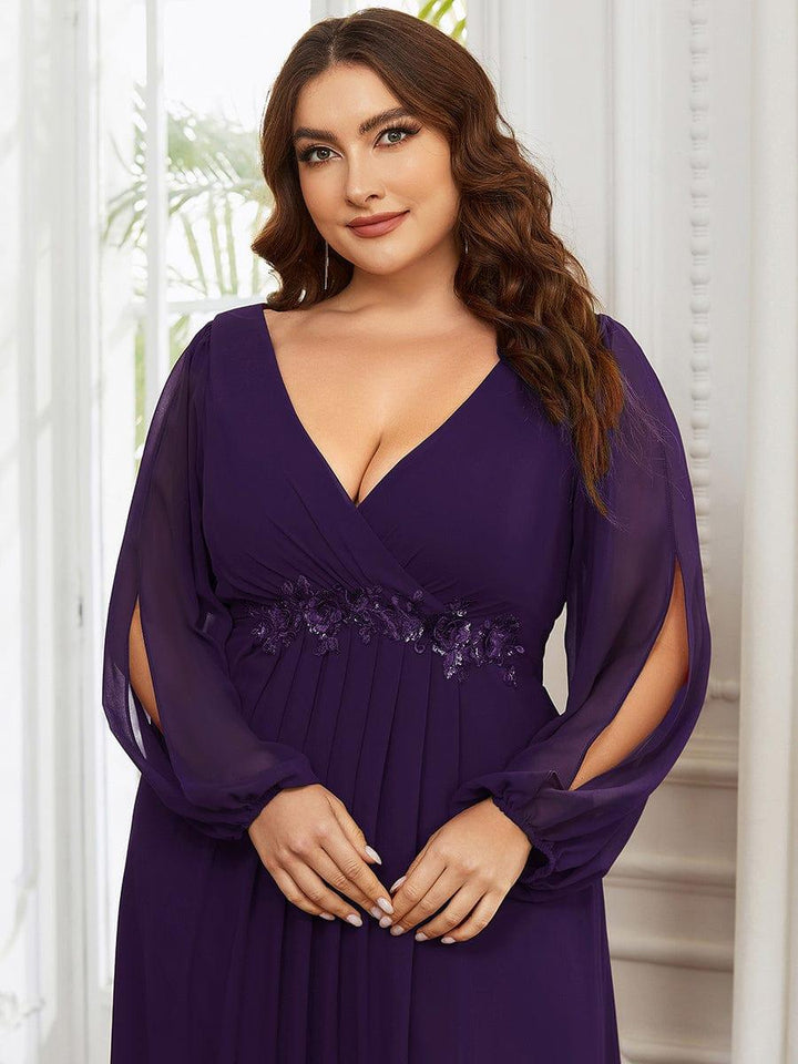 Plus size chiffon evening dress with long lantern sleeves for women