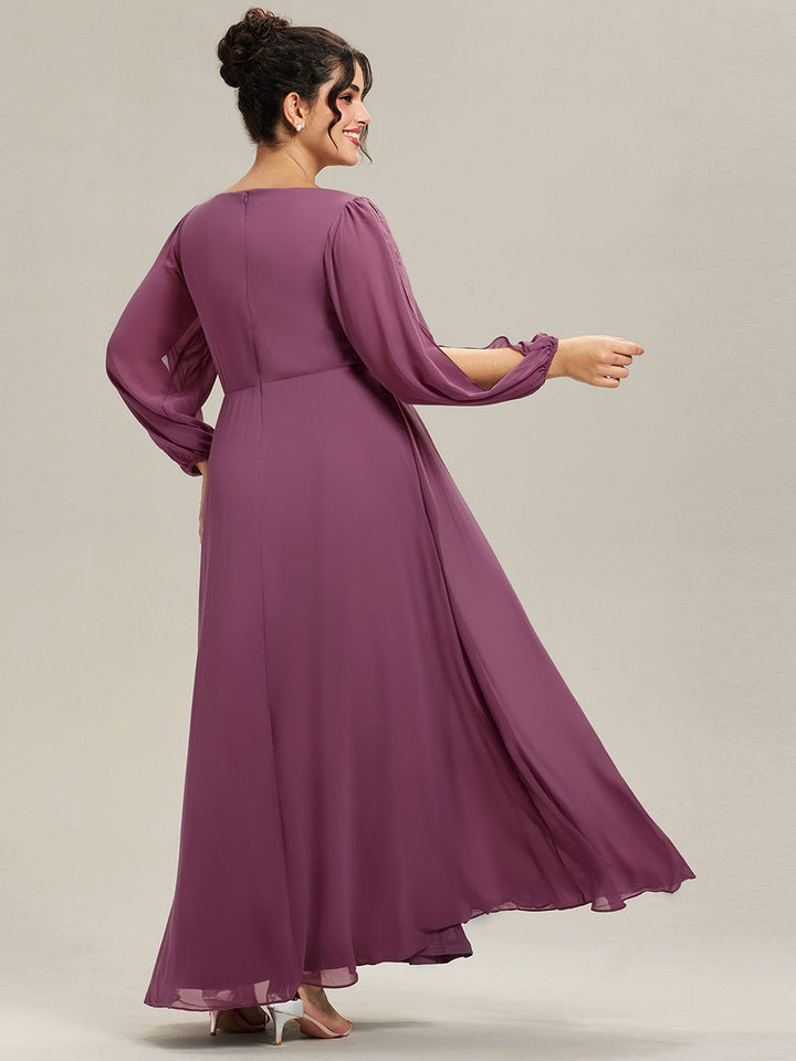 Plus size chiffon evening dress with long lantern sleeves for women