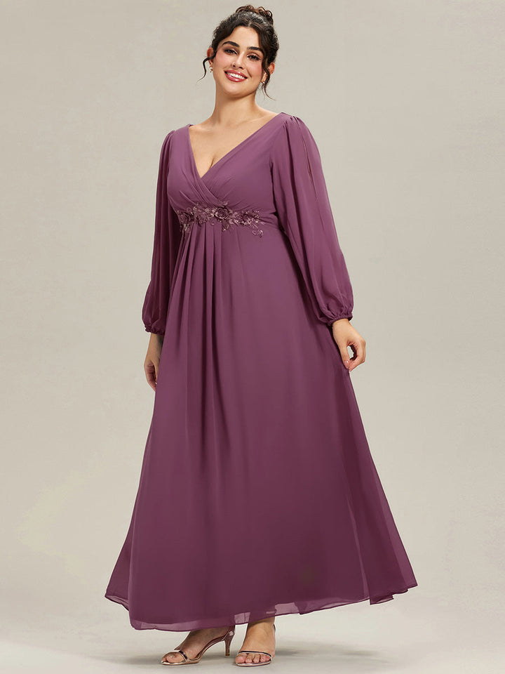 Plus size chiffon evening dress with long lantern sleeves for women