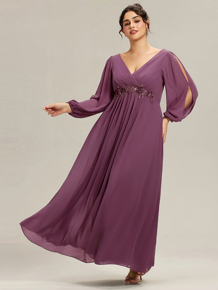 Plus size chiffon evening dress with long lantern sleeves for women