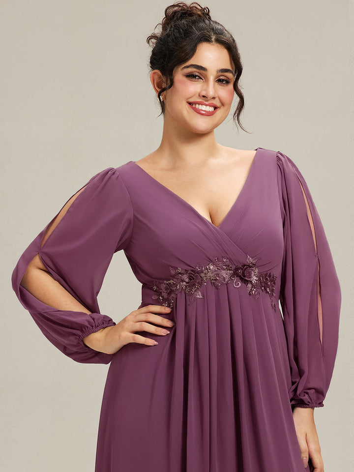 Plus size chiffon evening dress with long lantern sleeves for women