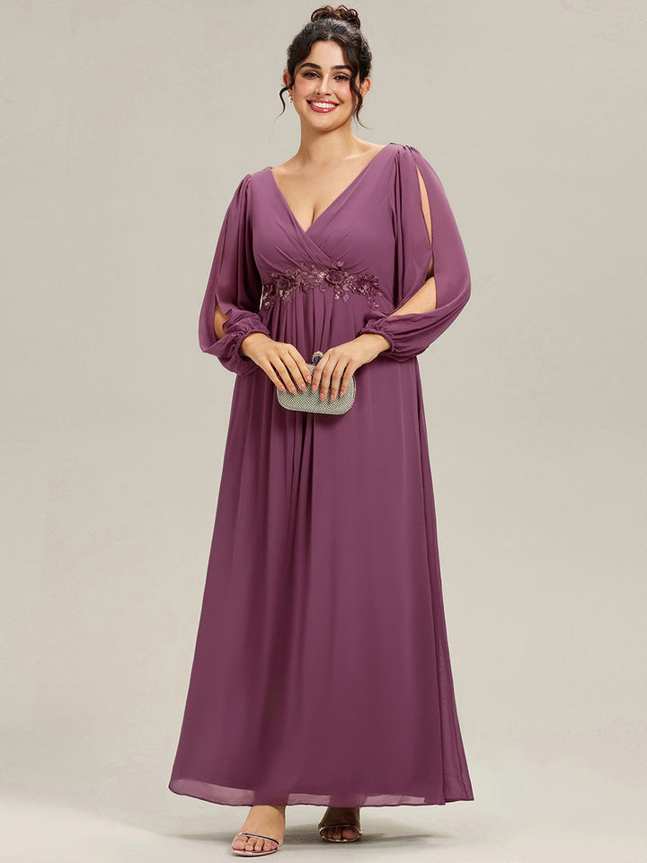 Plus size chiffon evening dress with long lantern sleeves for women