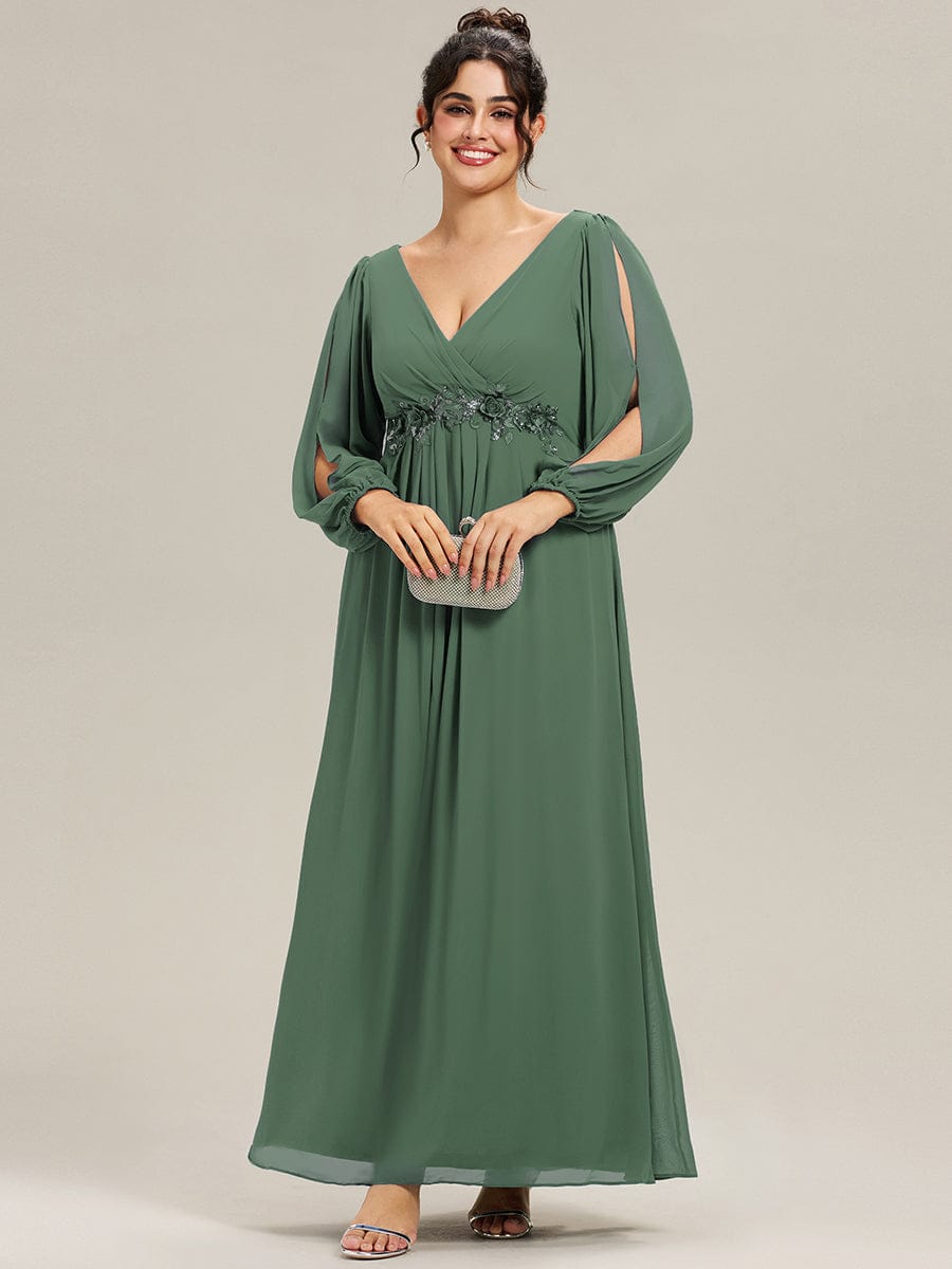 Plus size chiffon evening dress with long lantern sleeves for women