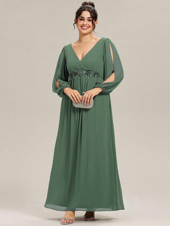 Plus size chiffon evening dress with long lantern sleeves for women