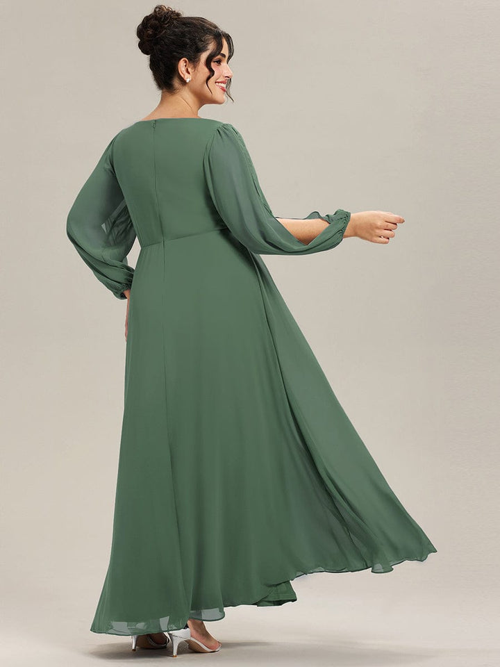 Plus size chiffon evening dress with long lantern sleeves for women