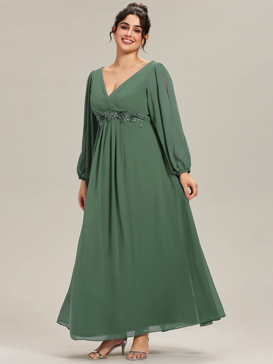 Plus size chiffon evening dress with long lantern sleeves for women