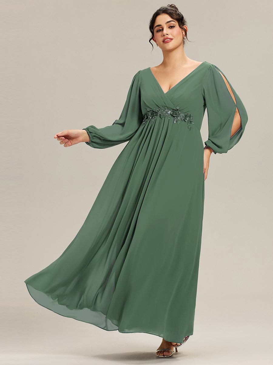 Plus size chiffon evening dress with long lantern sleeves for women