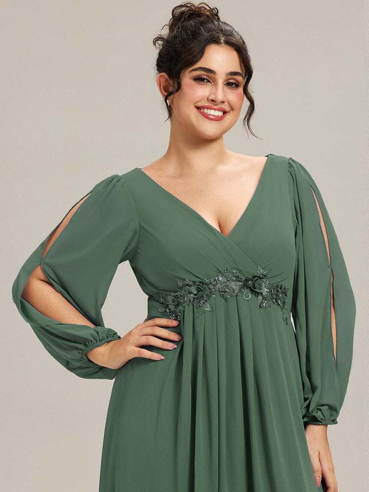 Plus size chiffon evening dress with long lantern sleeves for women
