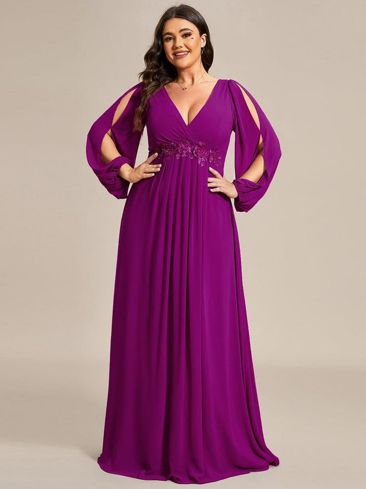 Plus size chiffon evening dress with long lantern sleeves for women