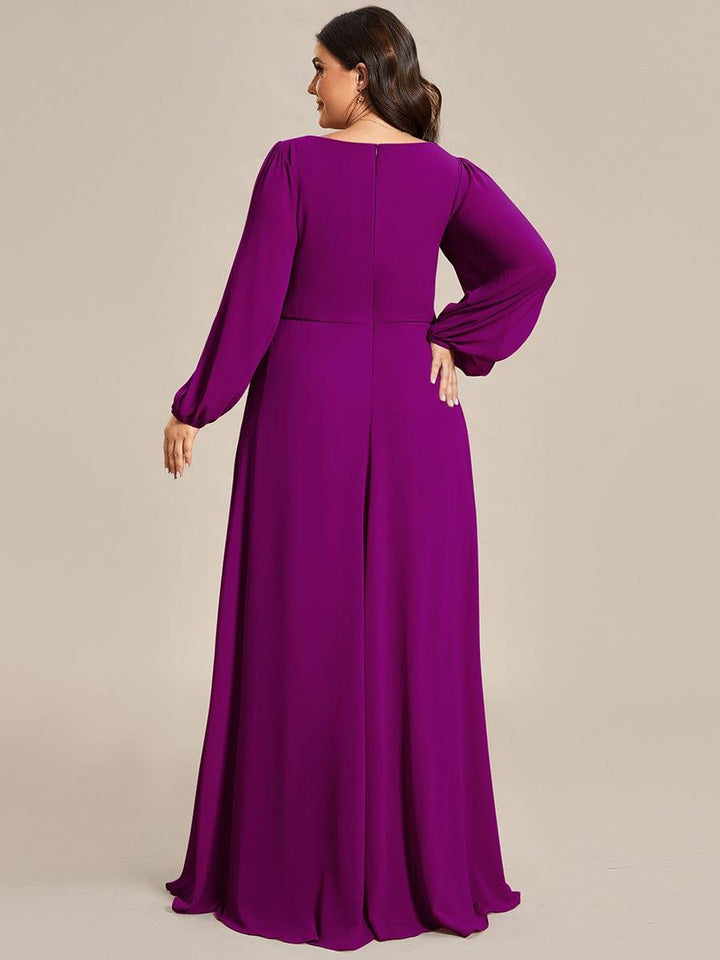 Plus size chiffon evening dress with long lantern sleeves for women