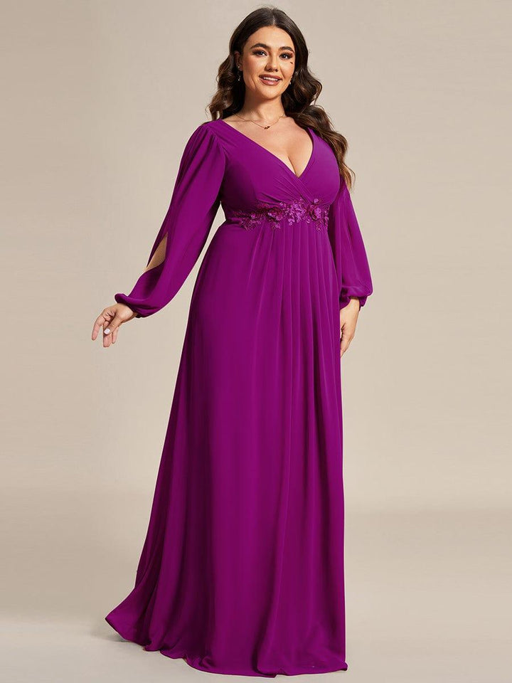 Plus size chiffon evening dress with long lantern sleeves for women