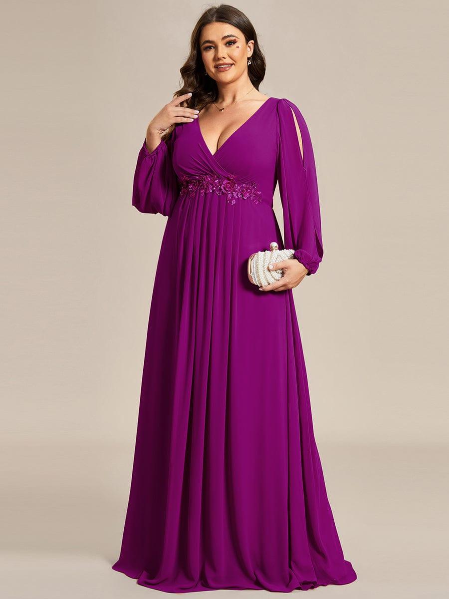 Plus size chiffon evening dress with long lantern sleeves for women