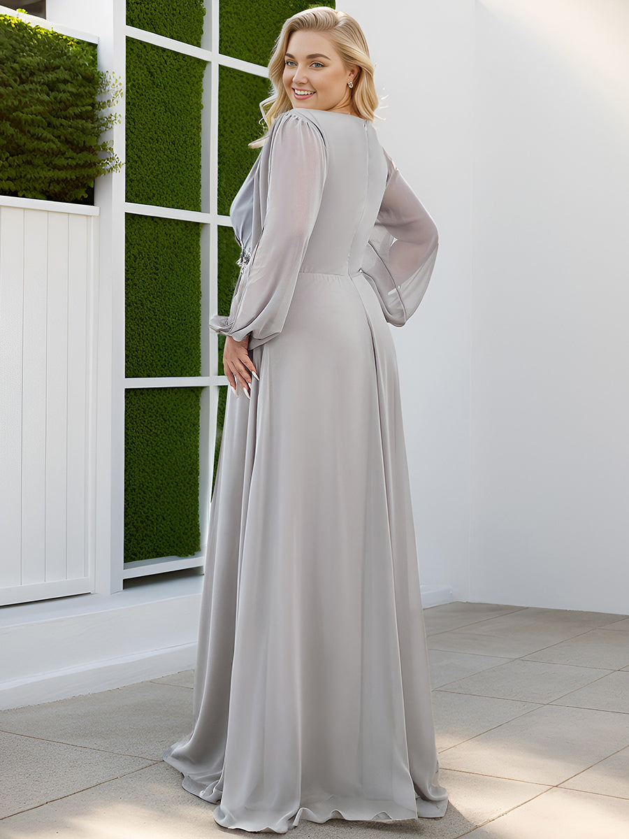 Plus size chiffon evening dress with long lantern sleeves for women