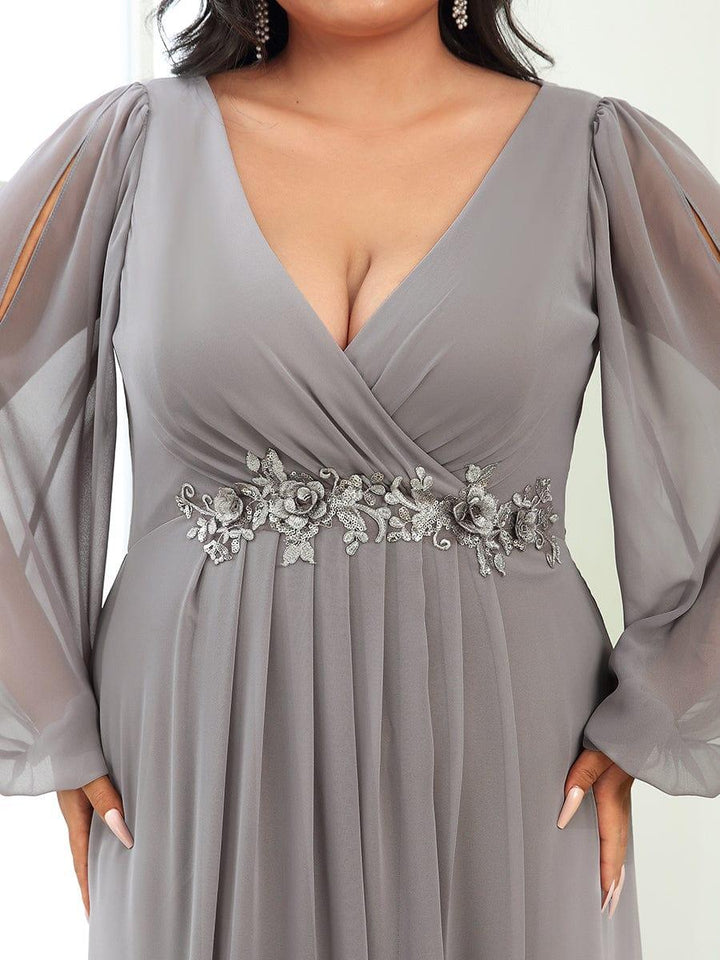 Plus size chiffon evening dress with long lantern sleeves for women