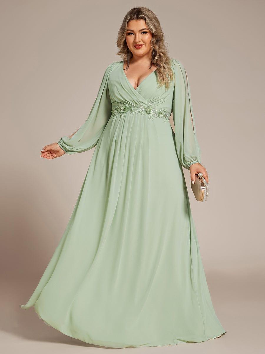 Plus size chiffon evening dress with long lantern sleeves for women