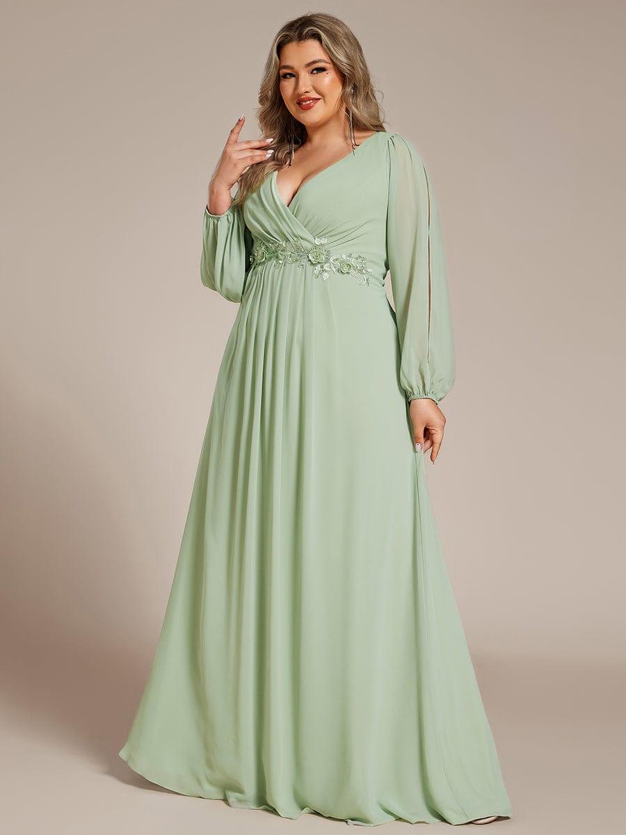 Plus size chiffon evening dress with long lantern sleeves for women