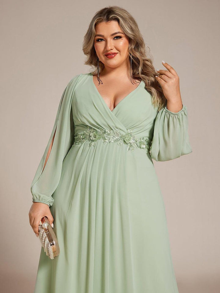 Plus size chiffon evening dress with long lantern sleeves for women